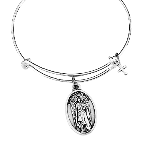 Archangel Uriel Bracelet – Silver Expandable Charm Bangle with Catholic Medal &amp; Cross – Angel of Wisdom &amp; Light of God Jewelry Gift