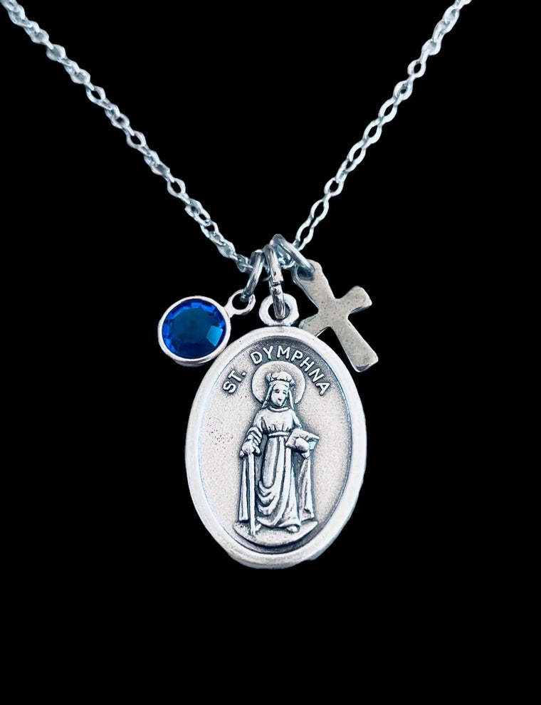 Saint Dymphna silver medal necklace with cross and birthstone charm