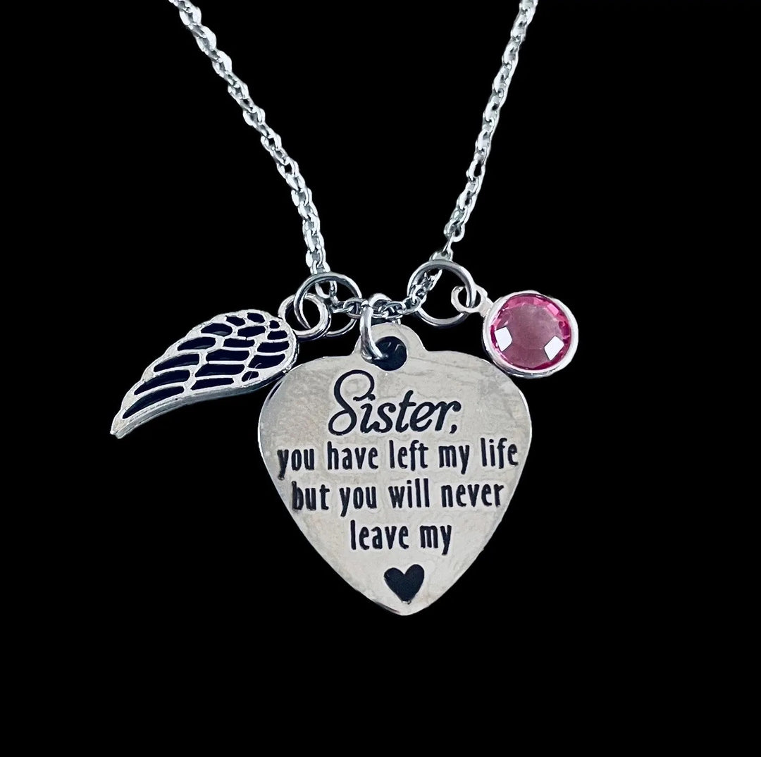 Sister Memorial Necklace with Angel Wing Charm - Stainless Steel Remembrance Jewelry
