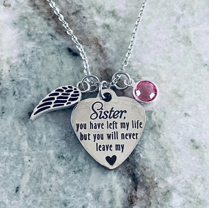 Sister Memorial Necklace with Angel Wing Charm - Stainless Steel Remembrance Jewelry
