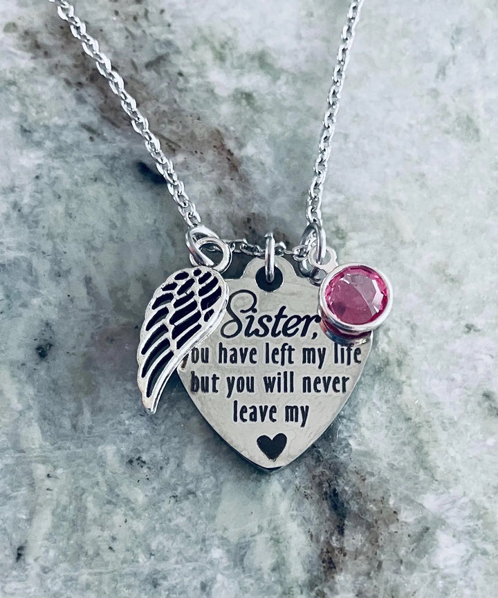 Sister Memorial Necklace with Angel Wing Charm - Stainless Steel Remembrance Jewelry