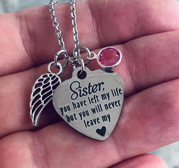 Sister Memorial Necklace with Angel Wing Charm - Stainless Steel Remembrance Jewelry