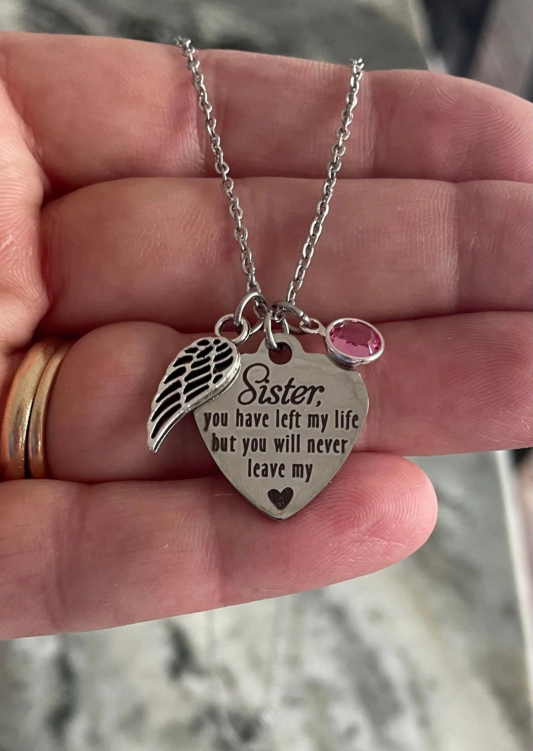 Sister Memorial Necklace with Angel Wing Charm - Stainless Steel Remembrance Jewelry
