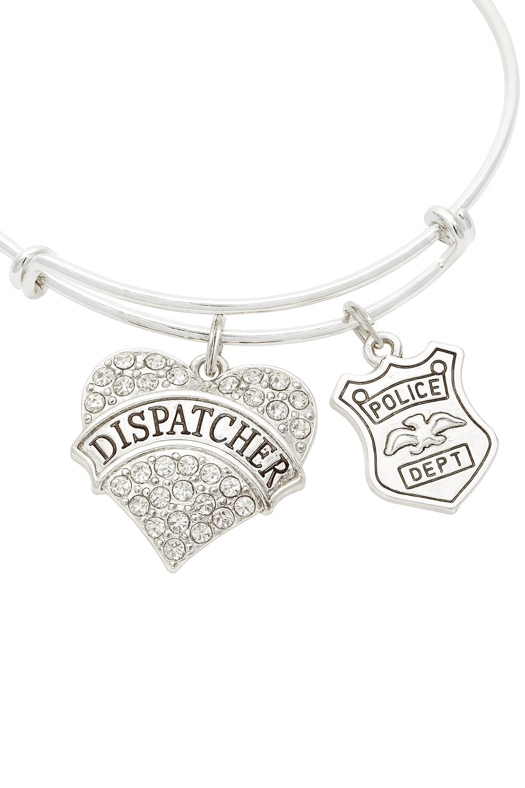 Dispatcher Bangle Bracelet – Silver Adjustable Bracelet with Crystal Heart Charm and Police Badge Pendant