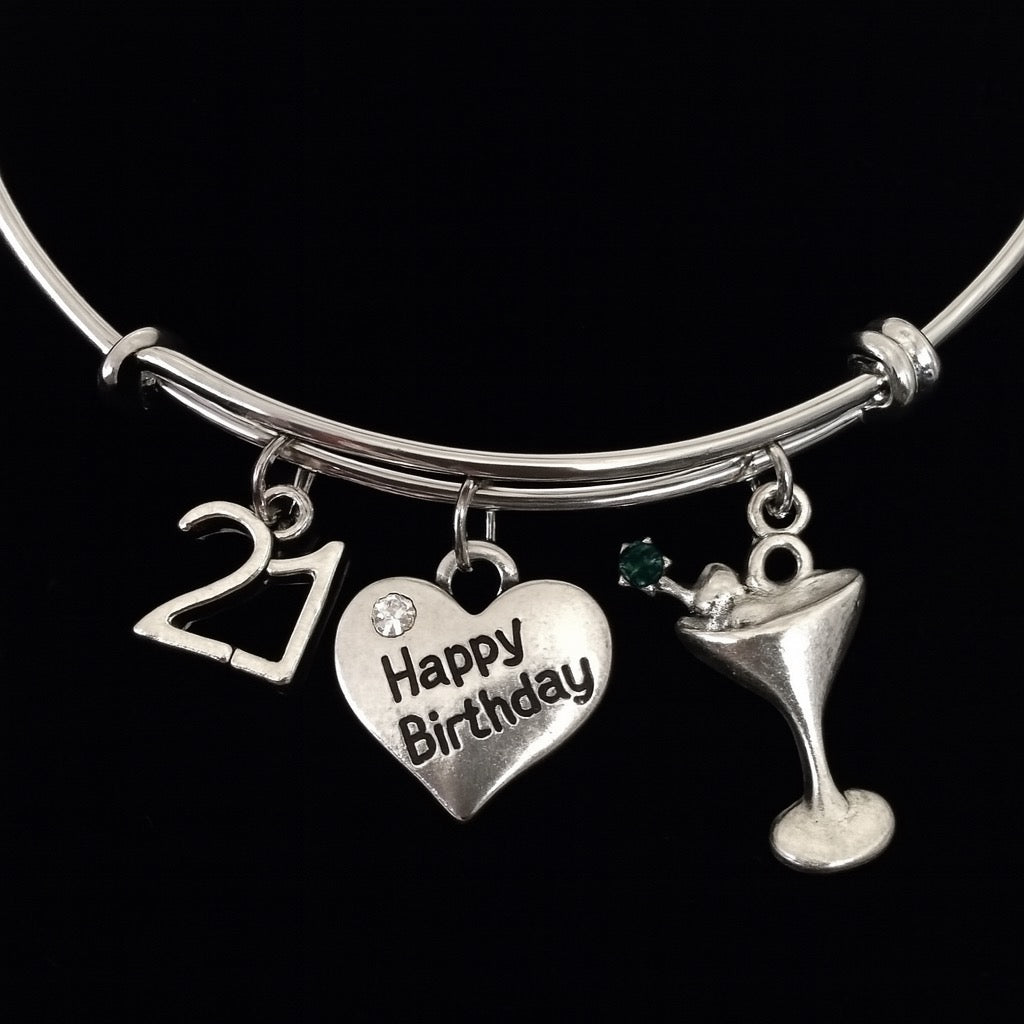 Happy 21st Birthday Martini Birthstone Expandable Silver Charm Bracelet Adjustable Bangle Trendy 21 Gift