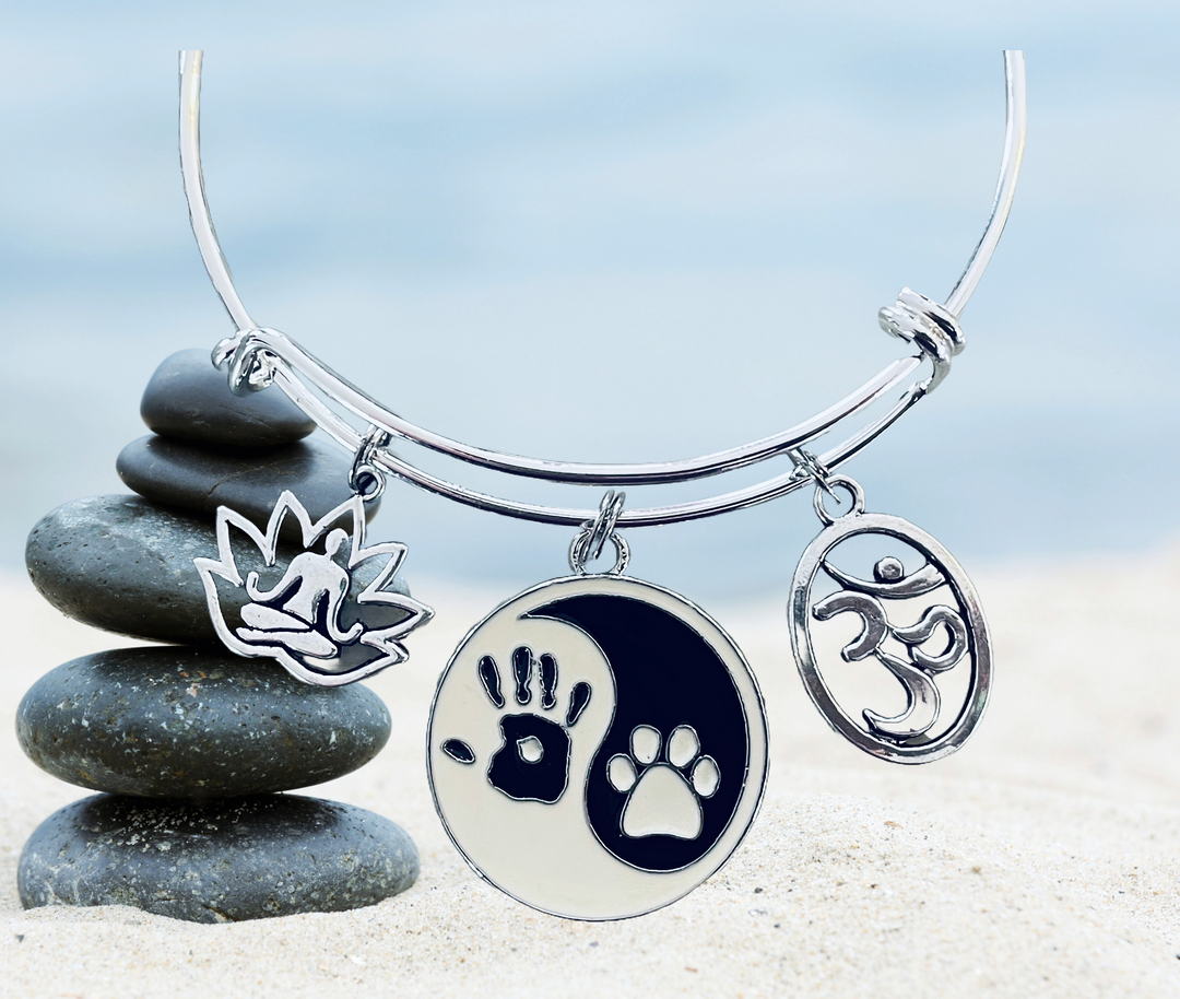 Yin Yang Symbol Paw Print Lotus Flower Om Expandable Charm Bracelet Silver Adjustable Wire Bangle One Size Fits All Gift