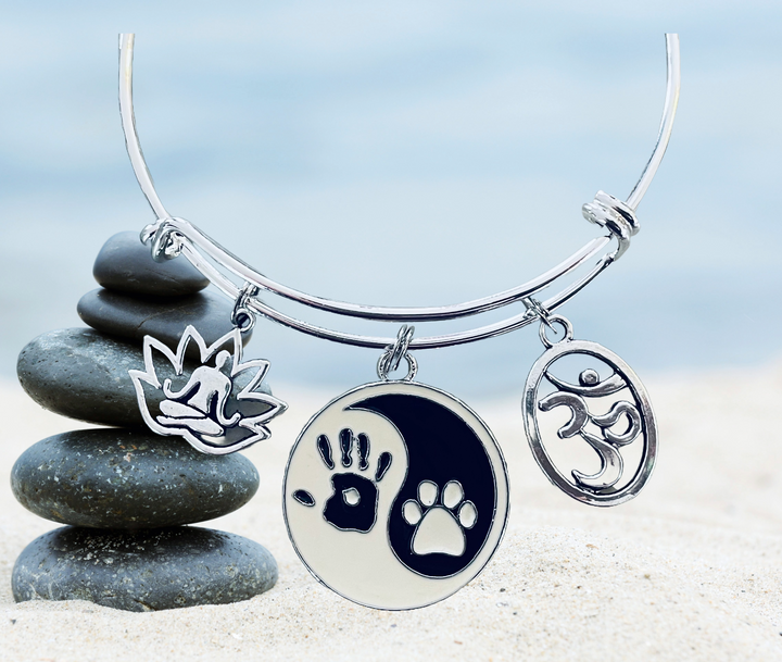 Yin Yang Symbol Paw Print Lotus Flower Om Expandable Charm Bracelet Silver Adjustable Wire Bangle One Size Fits All Gift