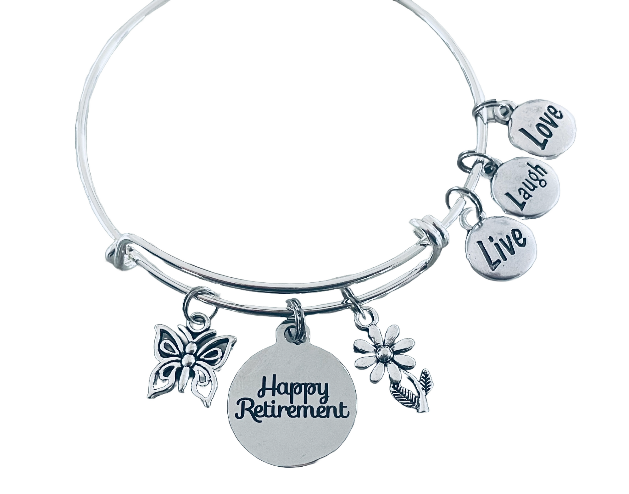Live Laugh Love Happy Retirement Expandable Silver Charm Bracelet Adjustable Bangle Office Worker Gift Retire