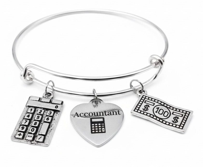 Accountant Gift Bracelet | Calculator Charm | Silver Expandable Bangle | Adjustable
