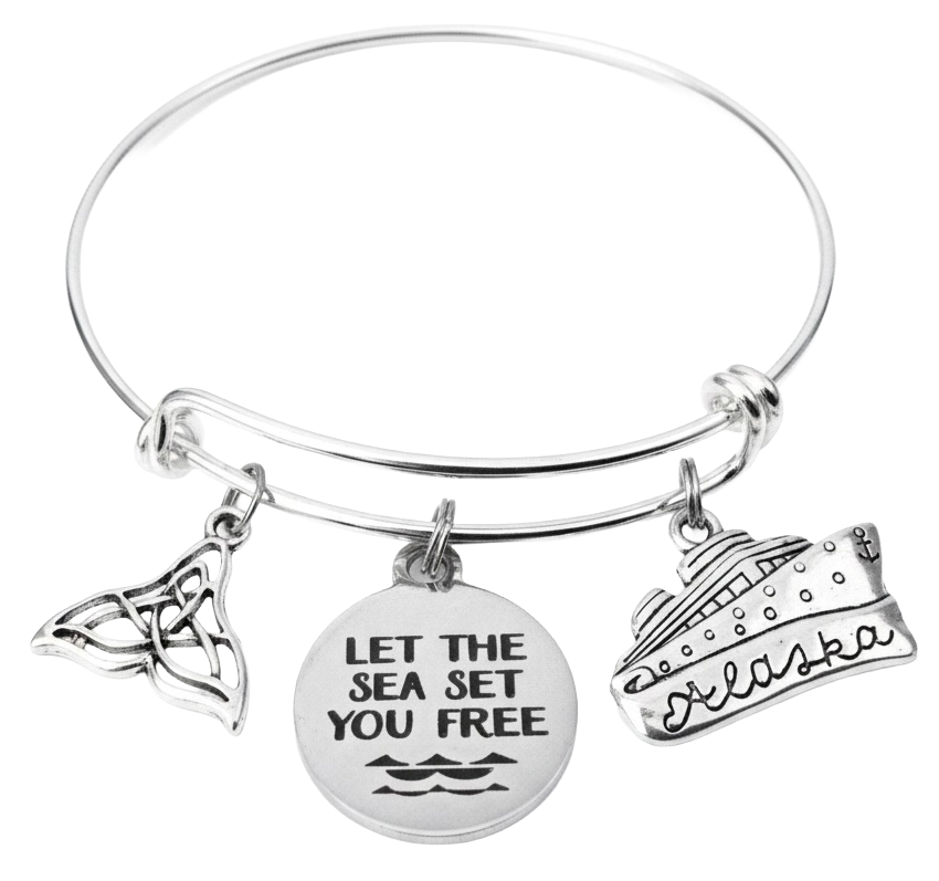Alaska cruise charm bracelet with whale tail, Let the Sea Set You Free disc and Alaska cruise ship charms on silver expandable bangle by Jules Obsession