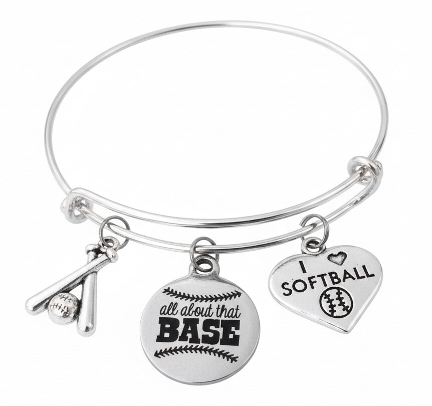 I Love Softball charm bracelet with All About That Base disc, crossed bats and I Love Softball heart charms on silver expandable bangle by Jules Obsession