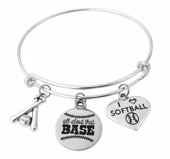 I Love Softball charm bracelet with All About That Base disc, crossed bats and I Love Softball heart charms on silver expandable bangle by Jules Obsession
