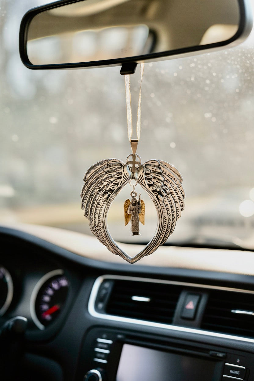 Archangel Michael Car Charm, Guardian Angel Rearview Mirror Ornament, Silver Wing Pendant, Protection Car Accessory