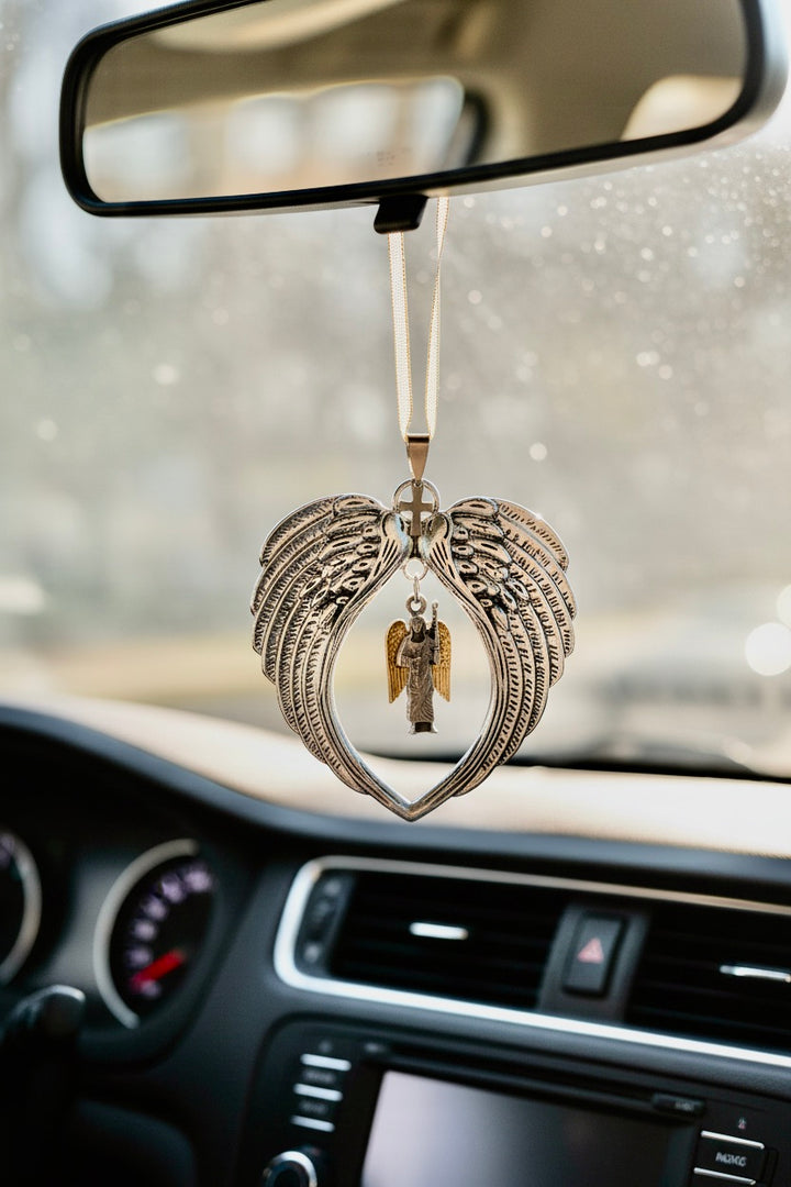 Archangel Michael Car Charm, Guardian Angel Rearview Mirror Ornament, Silver Wing Pendant, Protection Car Accessory