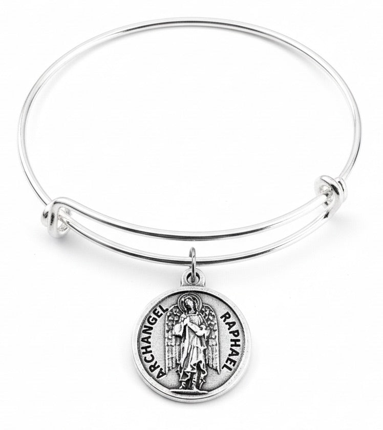 Archangel Raphael Charm with Prayer on Back Silver Expandable Inspirational Jewelry Adjustable Bracelet