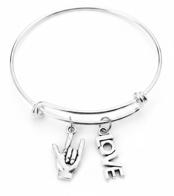 Silver expandable bangle bracelet with ASL I Love You hand sign charm and LOVE word charm — sign language gift bracelet