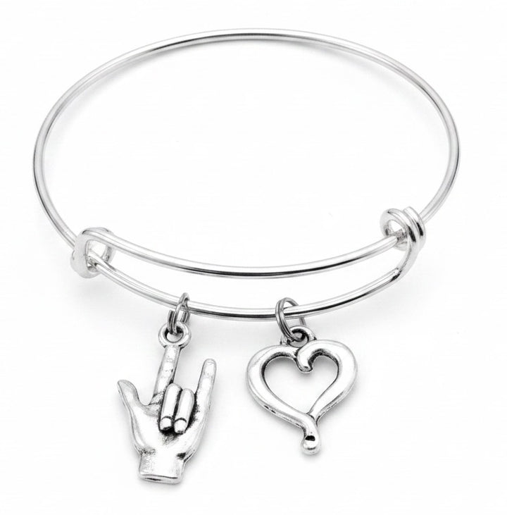 Silver expandable bangle bracelet with ASL I Love You hand sign charm and open heart charm — Deaf community love bracelet
