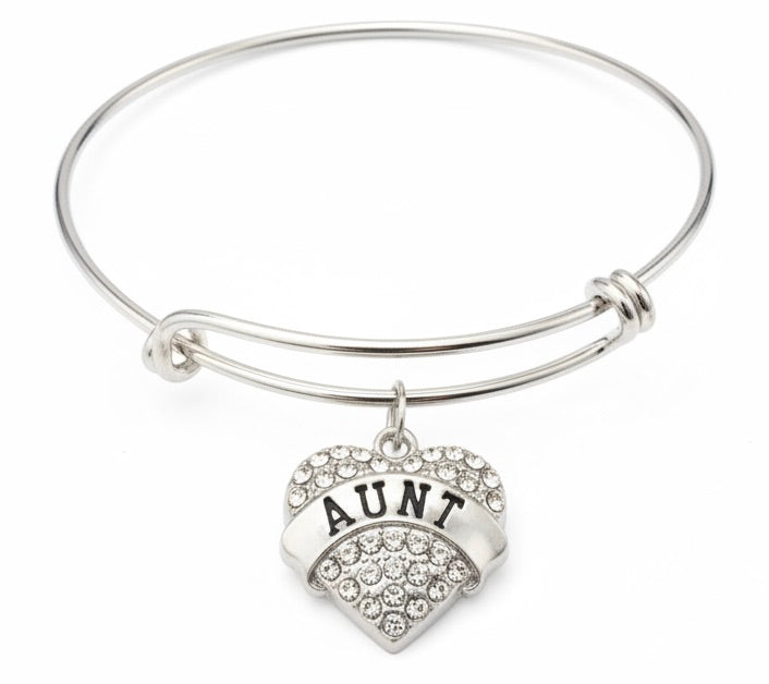 Aunt Gift Bracelet | Crystal Heart Charm | Silver Expandable Bangle | Adjustable