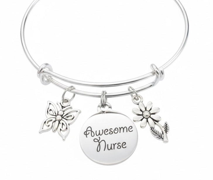 Awesome Nurse Bracelet - Adjustable Silver Charm Bangle | Butterfly Flower Medical Gift