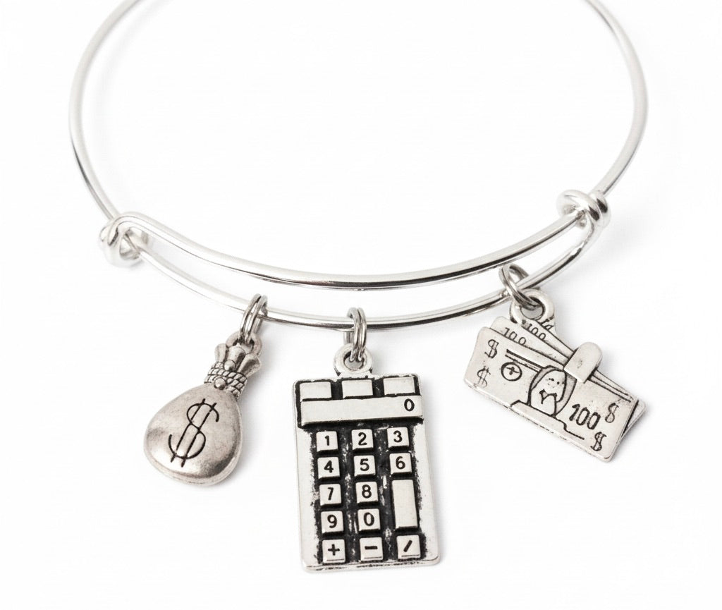 Banker Gift Bracelet | Accountant Charm | Silver Expandable Bangle | Adjustable