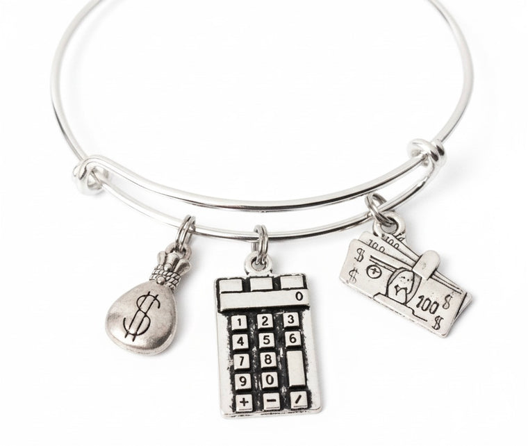 Banker Gift Bracelet | Accountant Charm | Silver Expandable Bangle | Adjustable