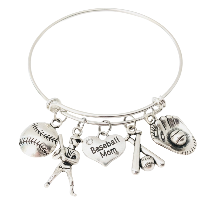 Baseball Mom charm bracelet with five silver charms including Baseball Mom heart crystal, baseball, batter player, crossed bats and baseball glove on silver expandable bangle by Jules ObsessionB