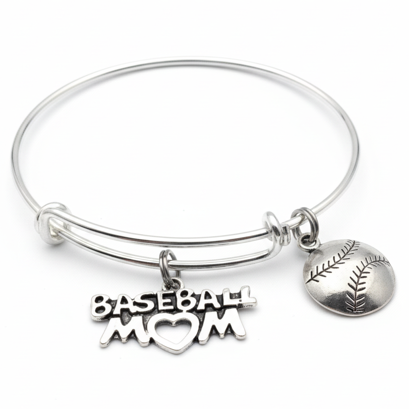 Silver expandable charm bangle bracelet with Baseball Mom word charm with heart detail and silver baseball charm with stitching — sports mom gift bracelet by Jules Obsession