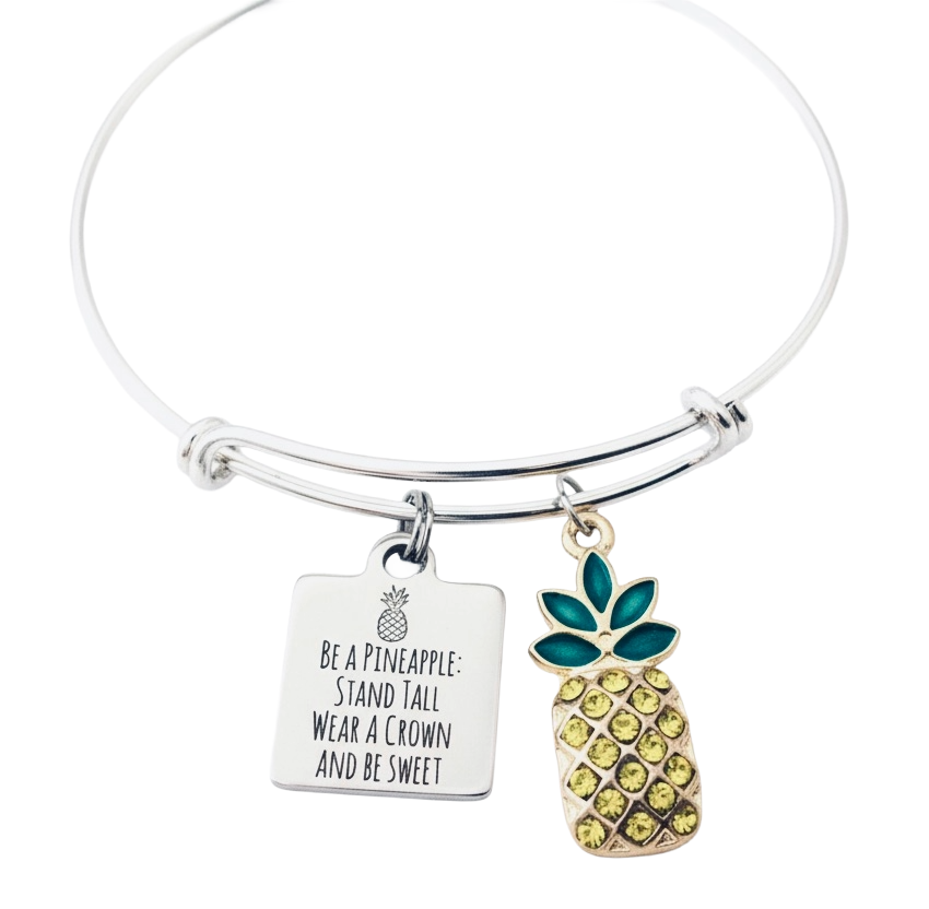 Silver expandable charm bangle bracelet with engraved Be a Pineapple Stand Tall Wear a Crown Be Sweet square tag charm and gold crystal rhinestone pavé pineapple charm with teal enamel leaves — inspirational gift bracelet by Jules Obsession