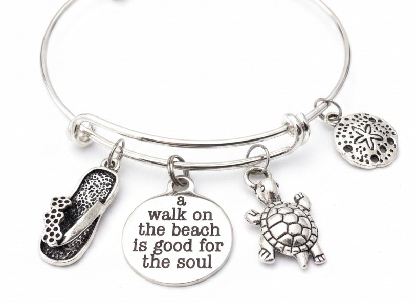 Silver expandable bangle bracelet with sea turtle, flip flop, sand dollar, and inspirational quote charms — beach charm bracelet by Jules Obsession
