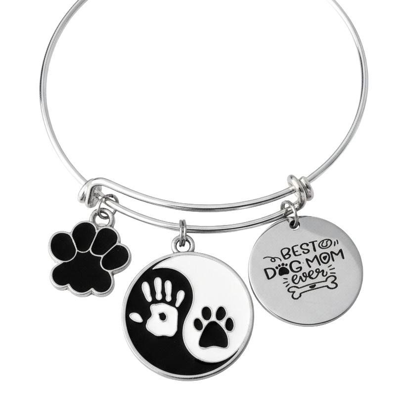 Silver expandable bangle bracelet with black enamel paw print charm, yin-yang human hand and dog paw disc charm, and "Best Dog Mom Ever" engraved disc charm – dog mom gift jewelry by Jules Obsession