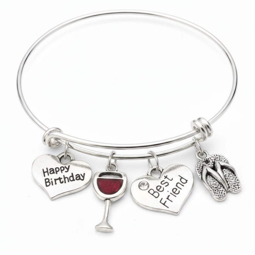 Silver expandable bangle bracelet with Happy Birthday heart charm, red wine glass enamel charm, Best Friend heart charm, and flip flop charm — adjustable wire bangle by Jules Obsession