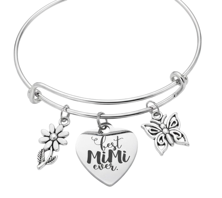 Silver bracelet with floral, heart, and butterfly charms on a white background Gift for Gigi Charm Bracelet