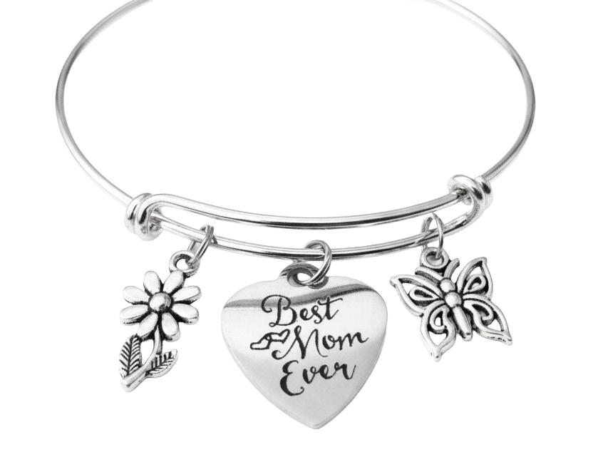 Best Mom Ever Charm Bracelet – Silver Bangle with Butterfly & Daisy Charms | Mother's Day Gift