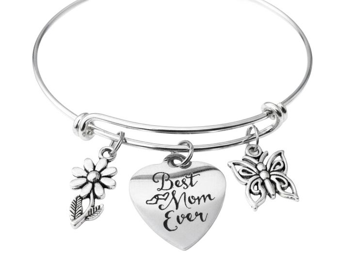 Best Mom Ever Charm Bracelet – Silver Bangle with Butterfly &amp; Daisy Charms | Mother&