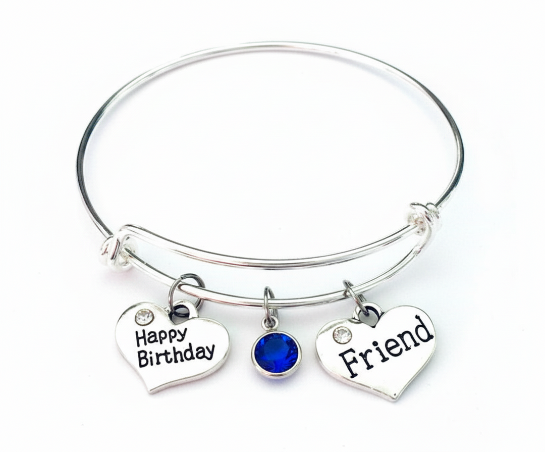Birthday Gift Bracelet with Birthstone - Personalized Charm Bangle for Friend