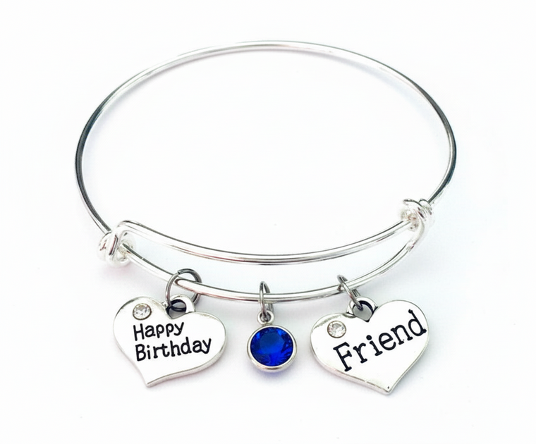 Birthday Gift Bracelet with Birthstone - Personalized Charm Bangle for Friend