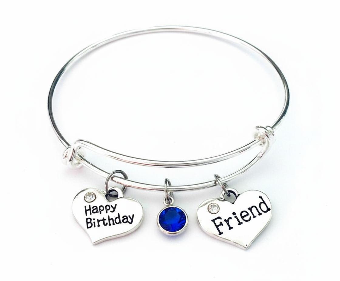 Birthday Gift Bracelet with Birthstone - Personalized Charm Bangle for Friend