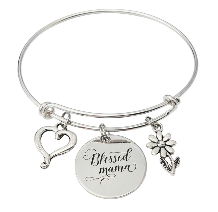 Blessed Mama Bracelet – Silver Expandable Bangle with Heart &amp; Flower Charms – Mother’s Day Jewelry Gift