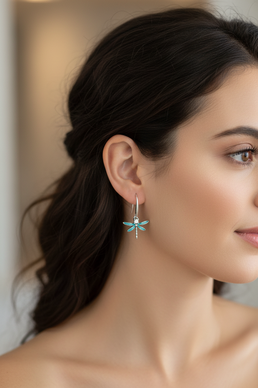 Delicate Blue Dragonfly Earrings – Sterling Silver with CZ Accents