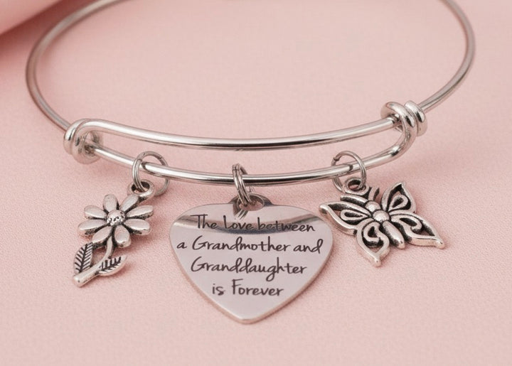 Gift for Grandmother Granddaughter Bracelet – Silver Charm Bangle with Daisy, Butterfly &amp; Heart