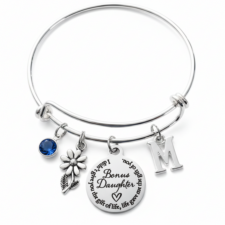 Bonus Daughter Bracelet, Personalized Initial Birthstone Charm Bangle, Not by Blood But by Love Gift, Silver Expandable Bracelet with Flower Charm, Stepdaughter Gift, One Size Fits All