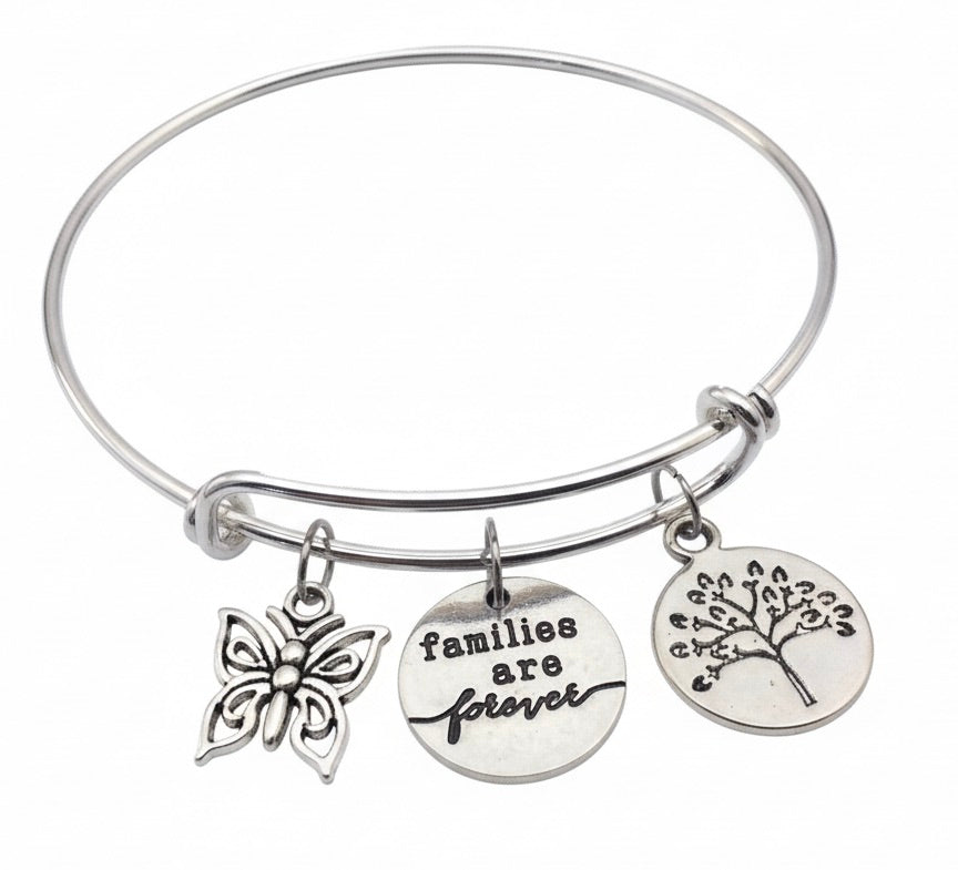 Families Are Forever Bracelet – Expandable Silver Bangle with Butterfly &amp; Family Tree Charms – Sentimental Jewelry Gift