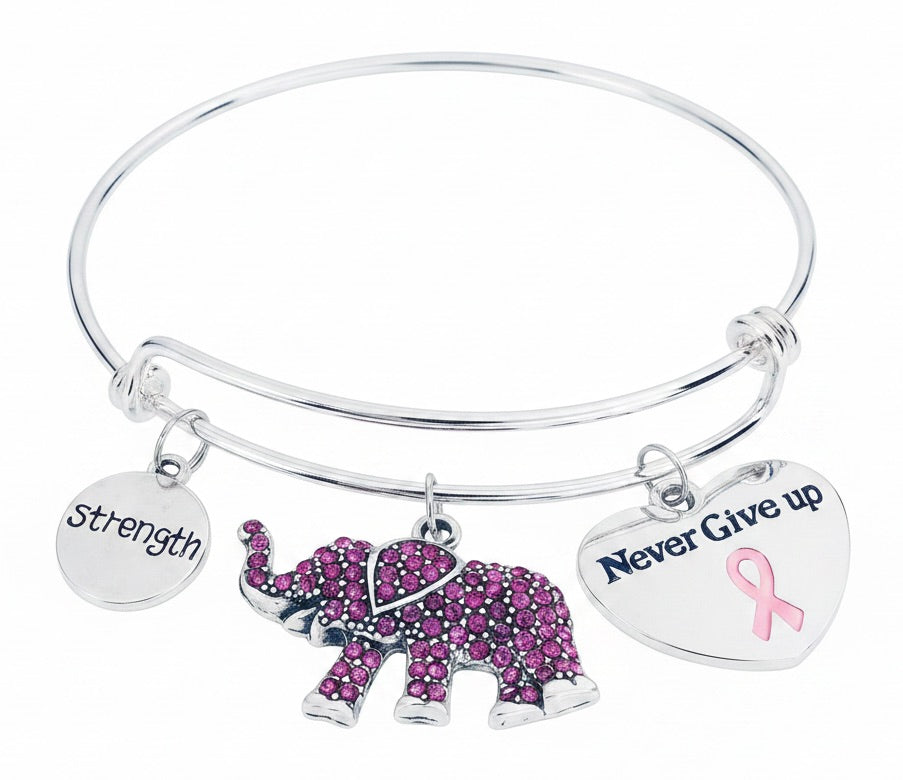 Breast cancer awareness charm bracelet with pink crystal elephant, Strength disc charm, and Never Give Up heart charm with pink ribbon on silver expandable bangle


