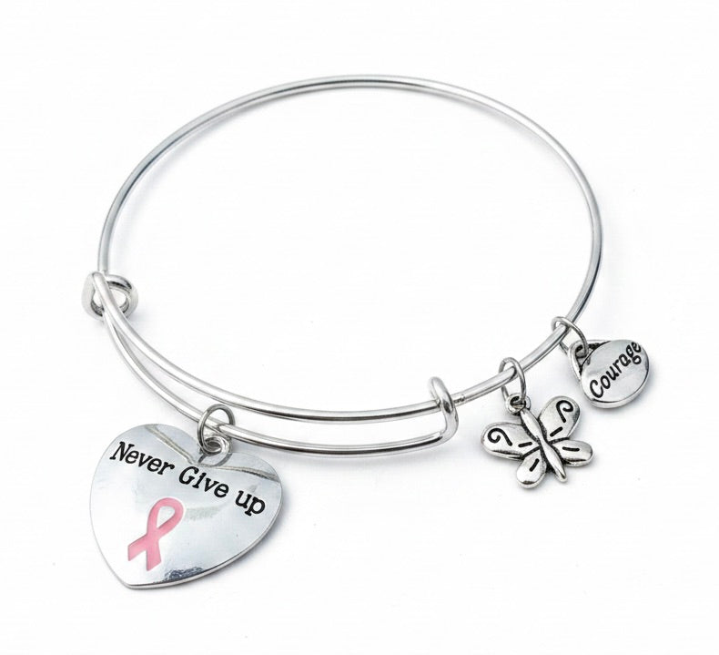 Silver expandable bangle bracelet with Never Give Up heart charm featuring pink enamel awareness ribbon, butterfly charm, and Courage charm — breast cancer awareness gift by Jules Obsession