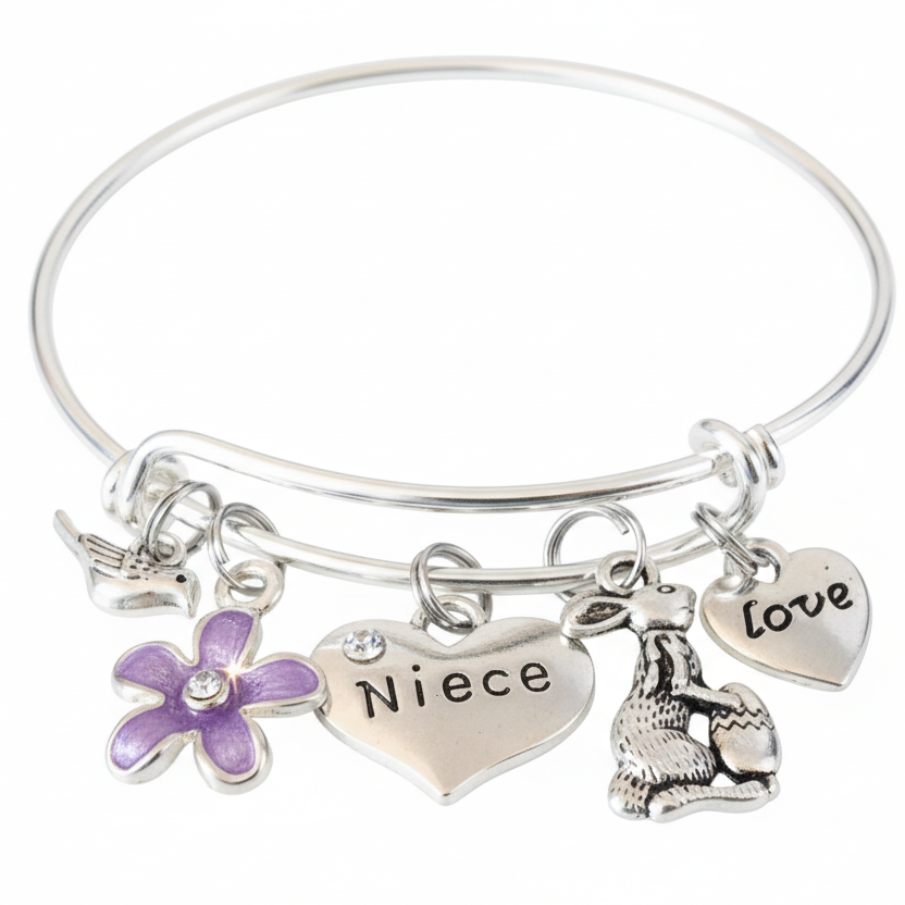 Easter Gift for Niece - Bunny Rabbit Purple Flower Expandable Charm