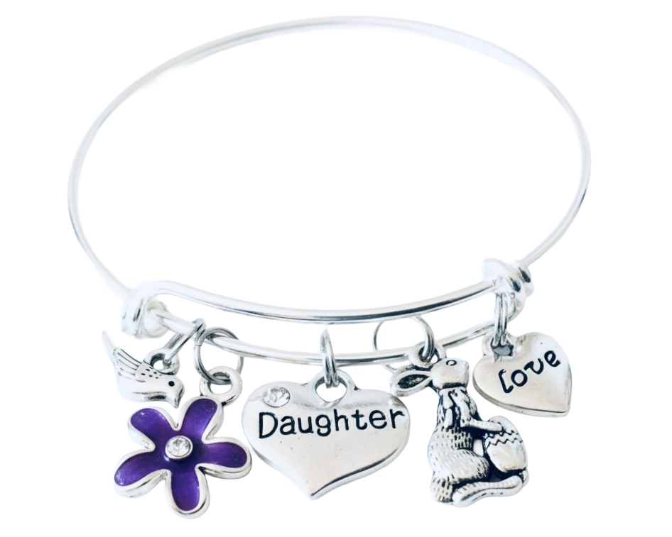 Easter Gift for Daughter - Bunny Rabbit Purple Flower Expandable Charm Bracelet Silver Adjustable Bangle