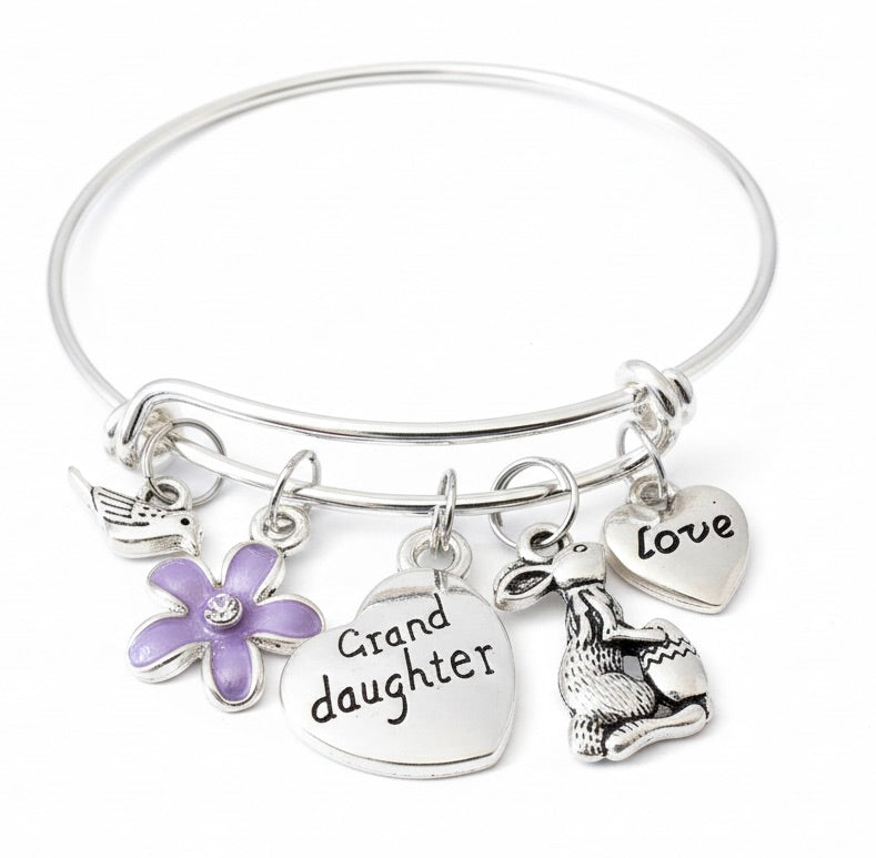 Easter Gift for Granddaughter - Bunny Rabbit Purple Flower Expandable Charm Bracelet Silver Adjustable Bangle