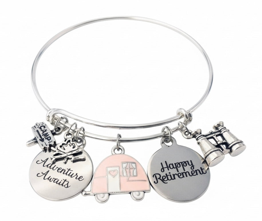 Happy Retirement Bracelet with Camper Charm, Adventure Awaits Expandable Bangle, RV Camping Retirement Gift for Women