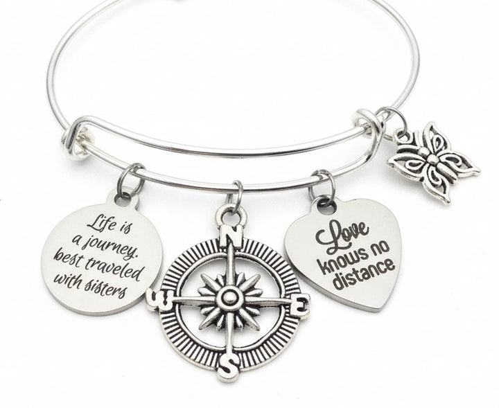 Sister Charm Bracelet Gift - Love Knows No Distance Journey Compass Expandable Bangle