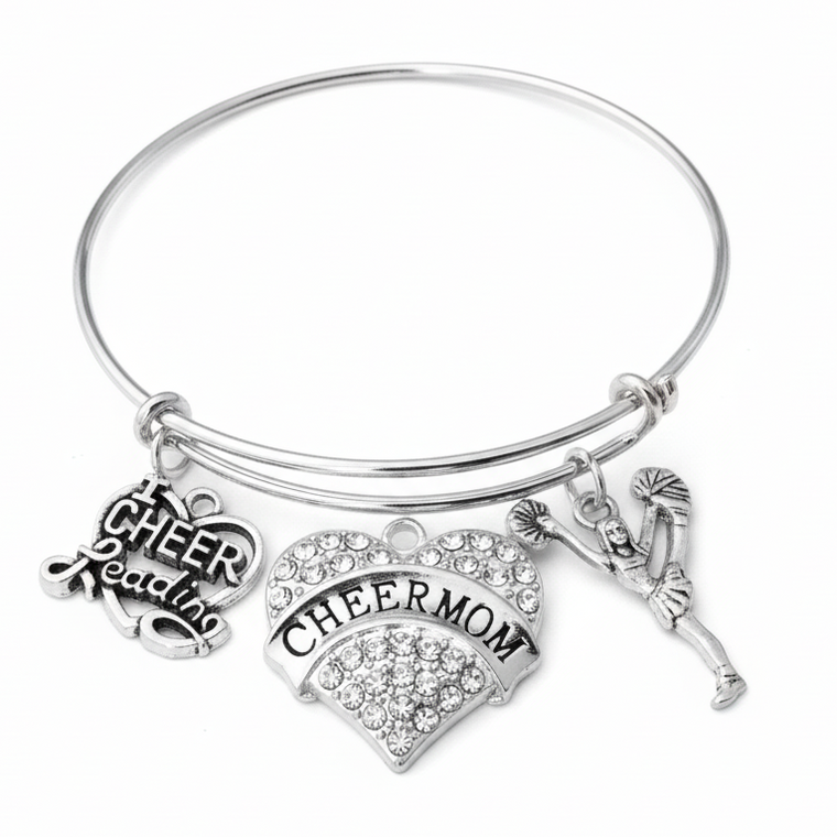 Silver expandable charm bangle bracelet with crystal pavé CHEERMOM heart charm, I Love Cheerleading heart charm, and cheerleader silhouette charm — cheerleading gift for cheer moms by Jules Obsession